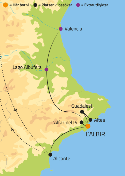 Geografisk karta ver Altea och Valencia vid Spaniens kust.
